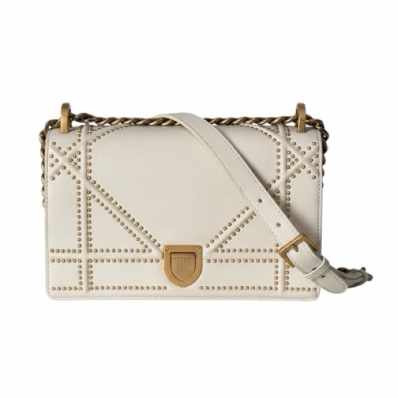Dior Diorama Small Studded Flap Bag Off-White Calfskin Crossbody Antique Gold